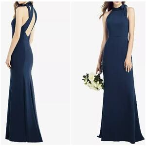 After Six Bow-Neck Open-Back Trumpet Gown in Midnight Navy - Size 6 R